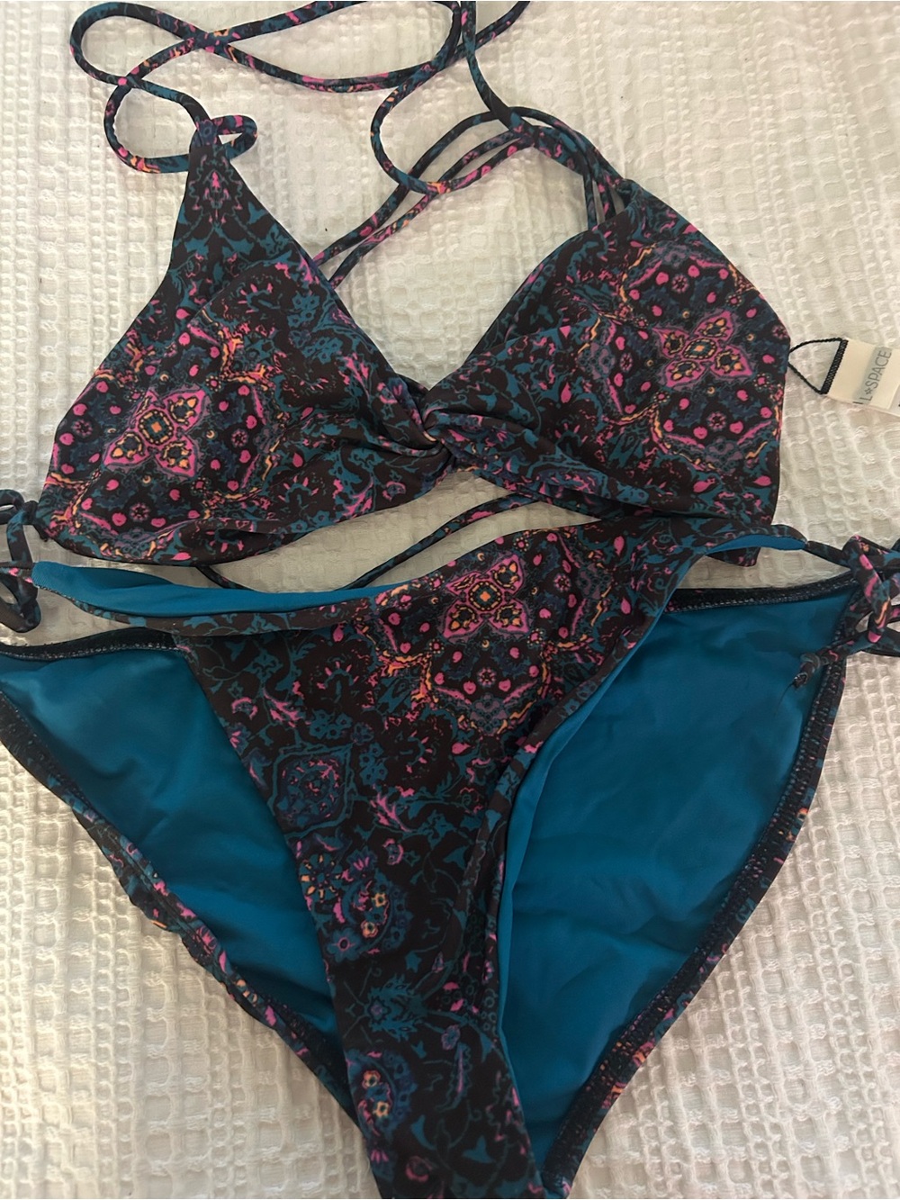 l*space Strappy Black Floral Print Bikini with Teal Lining and Pink Accents
